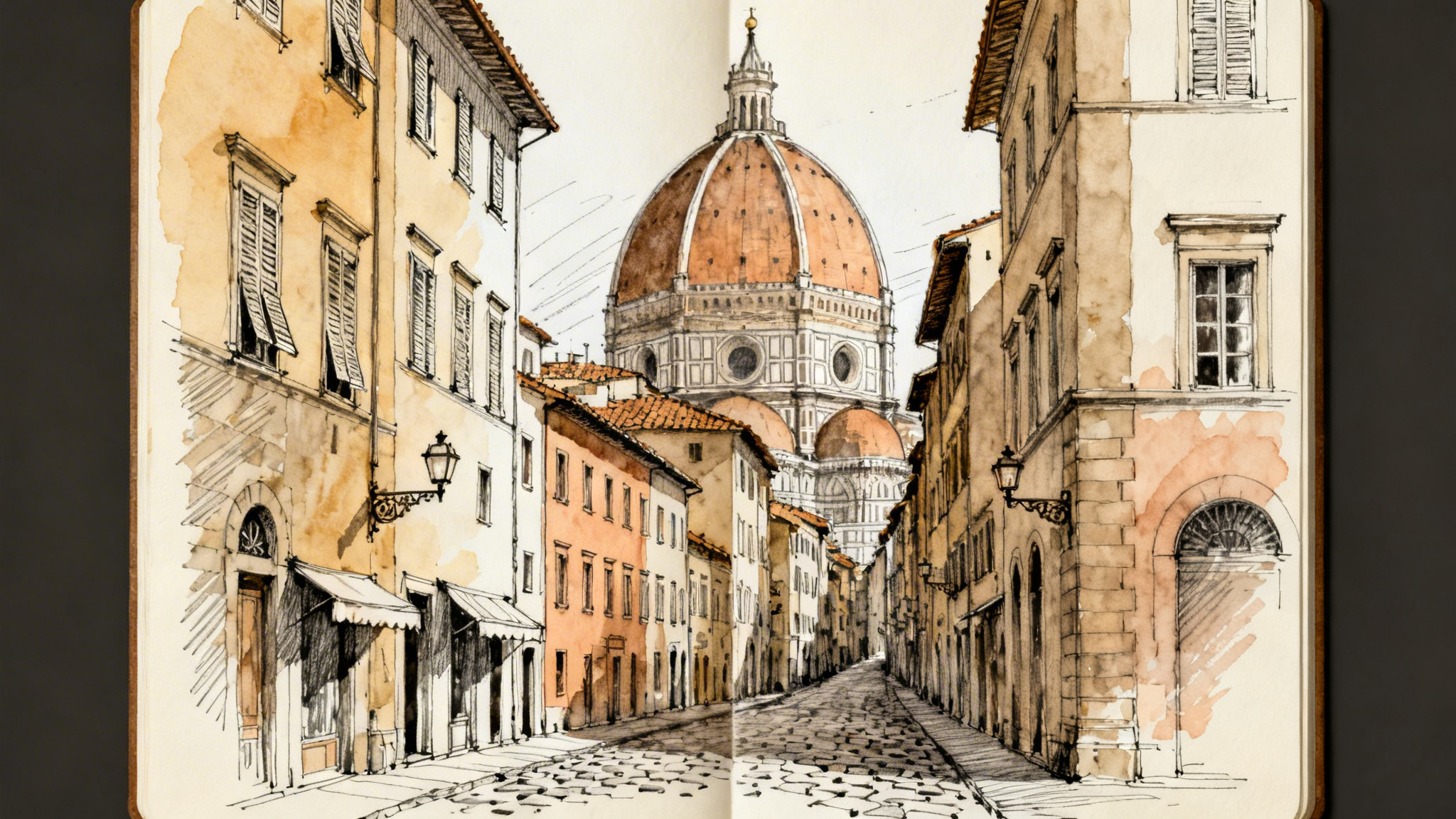 Watercolor sketch of Florence street with Duomo